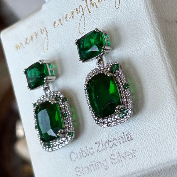 Rachel Zoe Sterling Silver CZ Emerald Green Baguette Drop Earrings Christmas - Picture 4 of 12